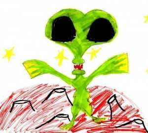 Green black-eyed alien